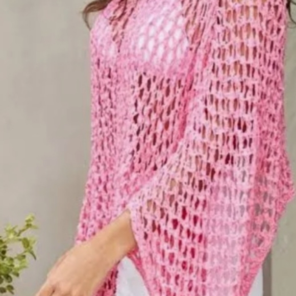 VENTI 6 Open Weave Holey Italian PINK Italy Off Shoulder Knit Poncho Sheer Shirt - Picture 5 of 6